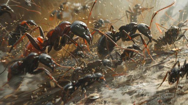 Ants carrying out a coordinated raid on a rival colony demonstrating their strategic behavior in defending their territory