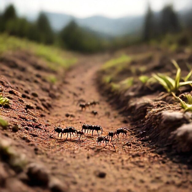 Photo ants crawling on a dirt road with a bug on the side