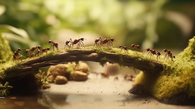 Ants on the wooden bridge Generative Ai