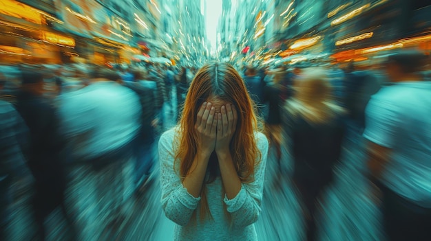 Anxious Woman in a Blurred Crowded Street Concept of Urban Stress Anxiety and Overwhelm