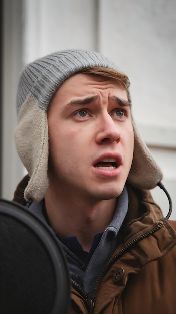 Anxious young man wearing winter hat looking at side talking into loudspeaker isolated on white bac