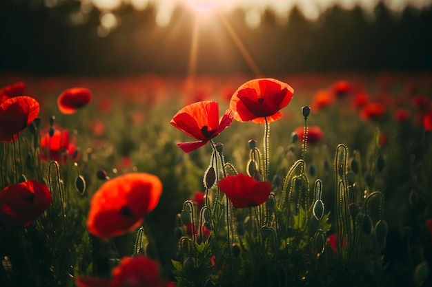 Anzac Day memorial poppies Field of red poppy flowers to honour fallen veterans soldiers in battle of Anzac armistice day Wildflowers blooming poppy field landscape generate ai