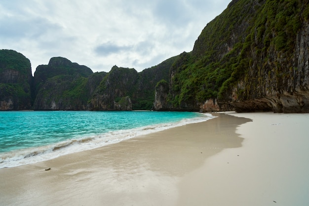 Ao Maya Bay on cloudy day during monsoon season.