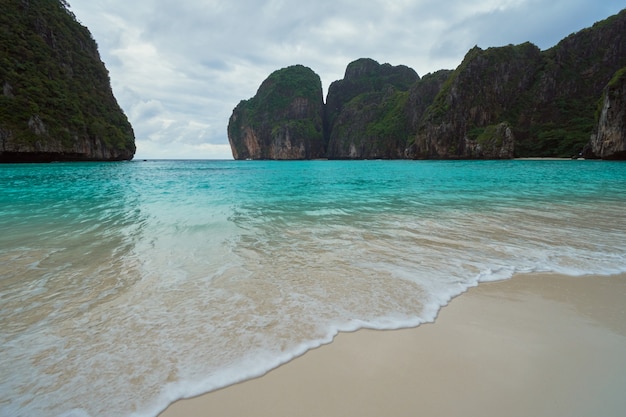 Ao Maya Bay on cloudy day during monsoon season.