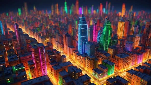 Aof a city at night The buildings are lit up in various colors making the city look very lively