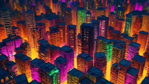 Aof a city at night The buildings are lit up in various colors making the city look very lively