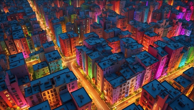 Aof a city at night The buildings are lit up in various colors making the city look very lively