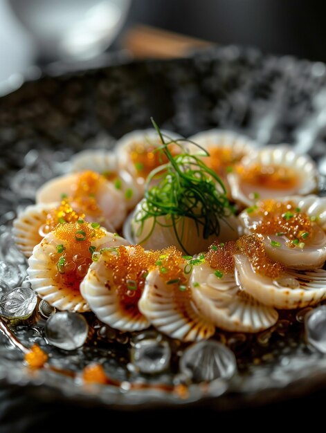 Photo aoyagi sashimi with round clams and roe on a dark elegant plate