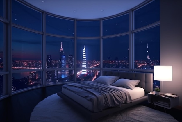 Apartment bedroom with beautiful city night view from the window generative ai