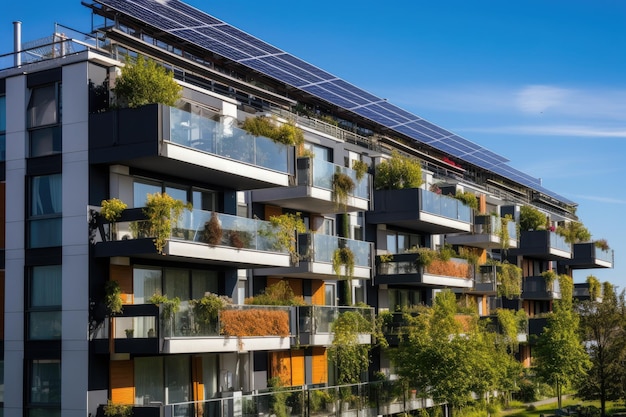 The apartment building has solar panels on the roof.