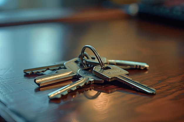 Apartment Keys on Desk with Keychain for Rent or Purchase