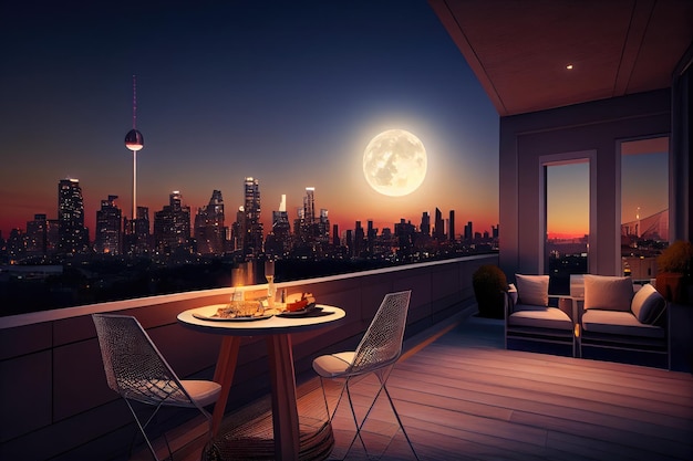 Apartment rooftop terrace with view of the city skyline sunsets and moonrises