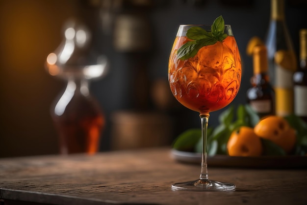 Aperol cocktail decorated with orange at dark background with light AI Generation