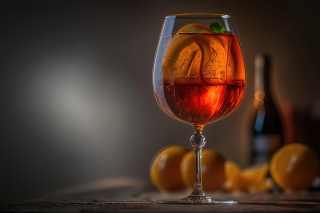 Aperol cocktail decorated with orange at dark background with light AI Generation