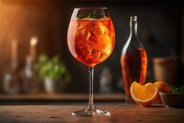 Aperol cocktail decorated with orange at dark background with light AI Generation