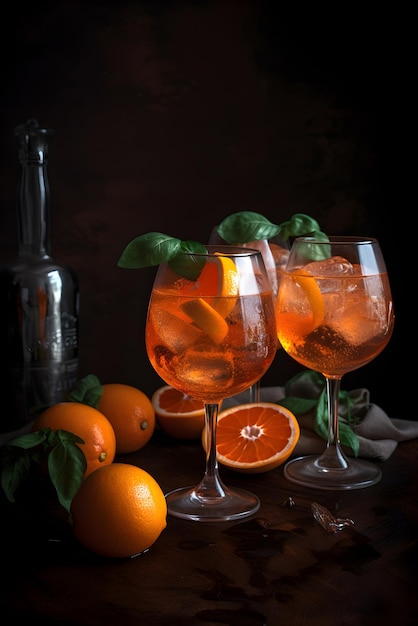 Aperol Spritz cocktail with ice and orange in glass on a dark background Summer refreshing drink concept Aperitif on a dark background Generated AI