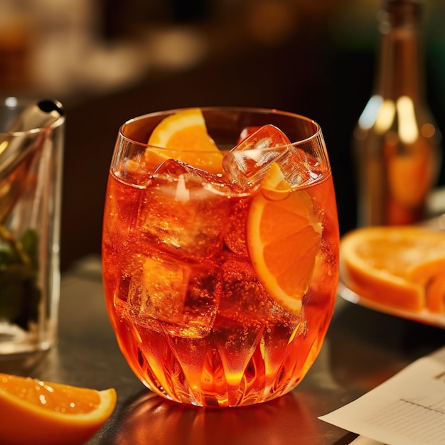 Aperol spritz cocktails on a table Generative ai and digital editing