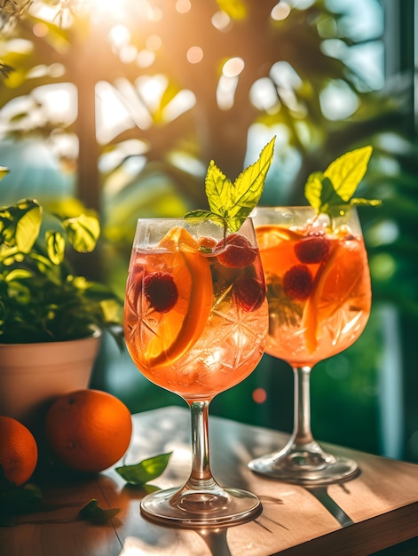 Aperol spritz summer drink in glass with tropical background and splash