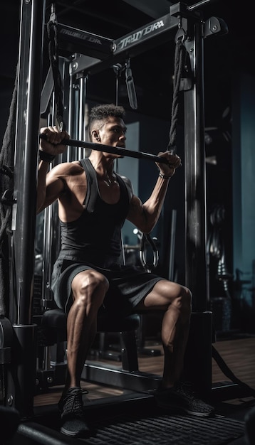 Aphoto of the athlete working out on a bodybuilding machine Generative AI