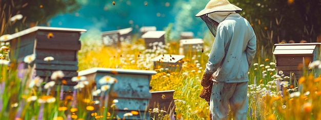 Apiaries and a beehive in the meadow Selective focus