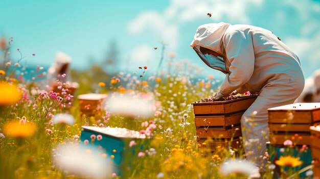 Apiaries and a beehive in the meadow Selective focus