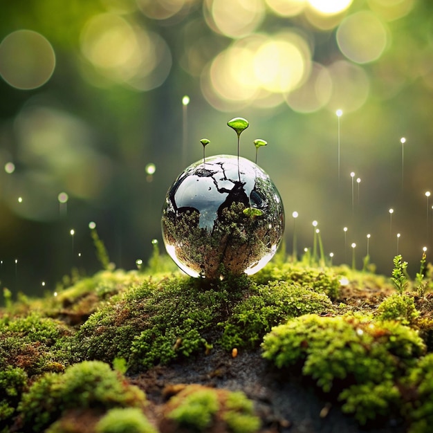 apicture of a globe lying onthe green grassand little seedlings are growing up background