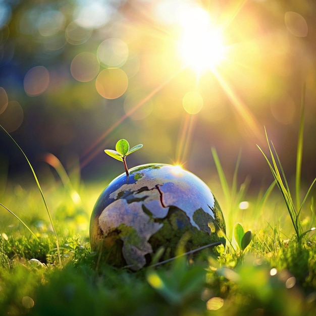 apicture of a globe lying onthe green grassand little seedlings are growing up background