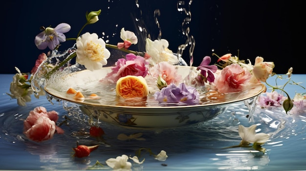 Aplate of flowers floating in a bowl of water