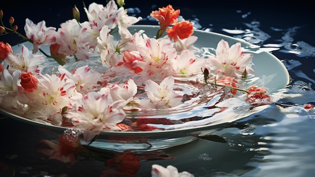 Aplate of flowers floating in a bowl of water