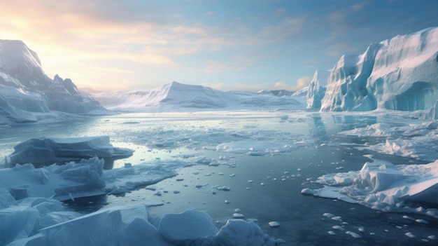 Apocalypse Landscape Tilt Shift 3d Image Of Icebergs And Sun Rising