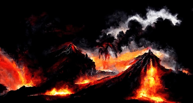 Apocalypse volcanic eruption Lava magma flows flow down volcano mouth Release of ash and sulfur into the atmosphere big volcanic eruption a global environmental disaster