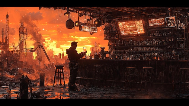 Photo apocalyptic bartender in a ruined city