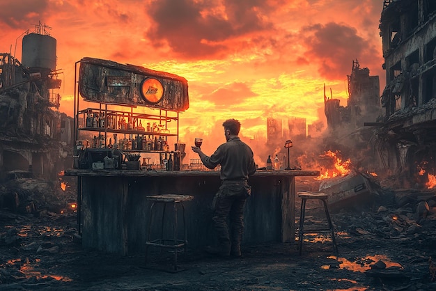 Apocalyptic Bartender in a Ruined City