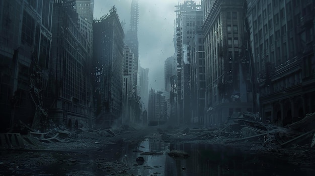 Apocalyptic cityscape with abandoned buildings and ominous fog depicting a postapocalyptic urban environment