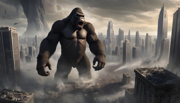 an apocalyptic cityscape with King Kong at its center