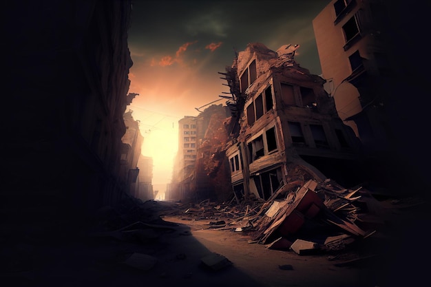 Apocalyptic destruction city after earthquake Generative Ai