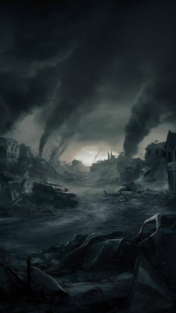 Apocalyptic destruction of war zone landscape