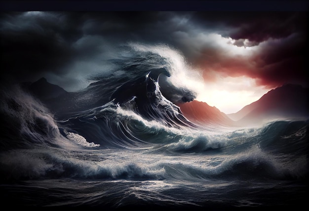 Apocalyptic dramatic background giant tsunami waves dark stormy sky Generative AI