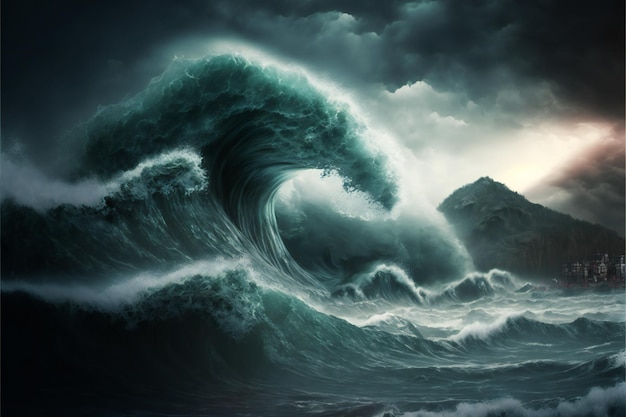 Apocalyptic dramatic giant tsunami waves nature sea ocean