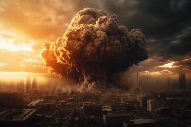 Apocalyptic epic scene in city End of the world with big explosion