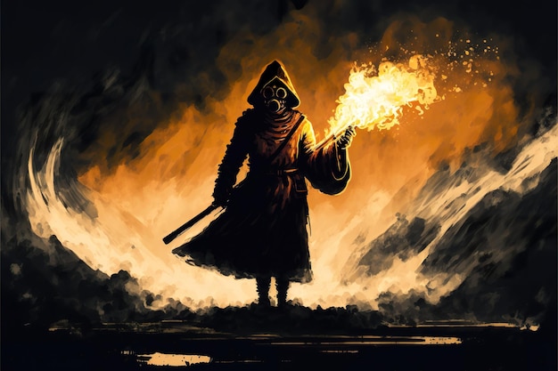 An apocalyptic man with an umbrella on fire