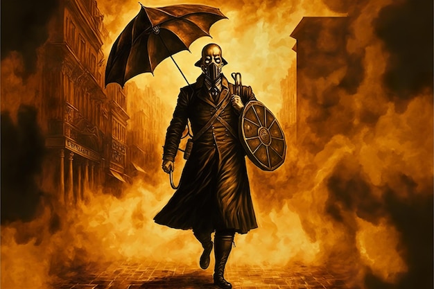 An apocalyptic man with an umbrella on fire