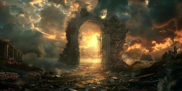 Apocalyptic scene Gates of heaven open chosen enter others cast out Concept Apocalyptic Setting Gates of Heaven Chosen Ones Cast Out Dramatic Themes