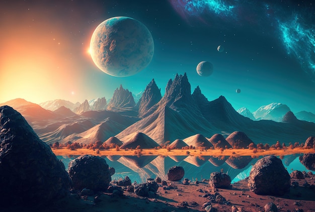 Apocalyptic sci fi fantasy landscape in the future with planets galaxies and stars