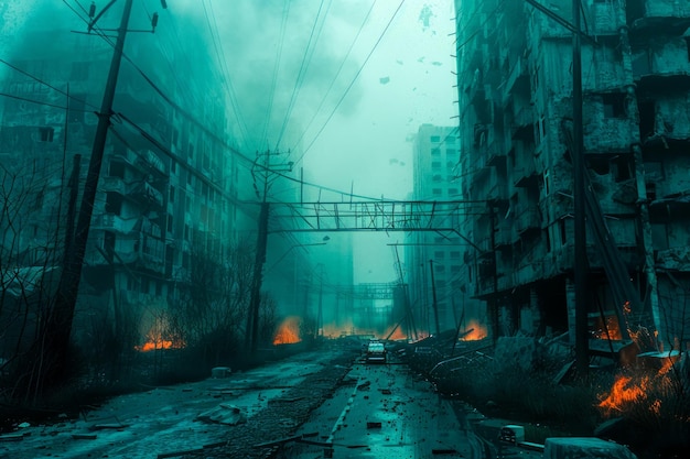 Apocalyptic Urban Landscape with Abandoned Streets and Burning Fires in a Desolate City Scene