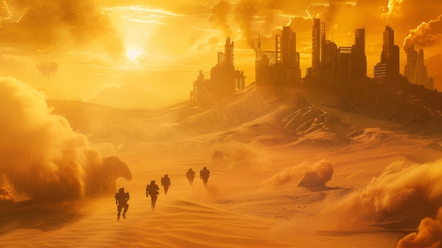 Apocalyptic vision of survivors trekking through a sandstormridden dystopian landscape