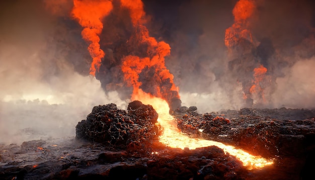 Apocalyptic volcanic landscape with hot flowing lava and smoke and ash clouds 3D illustration