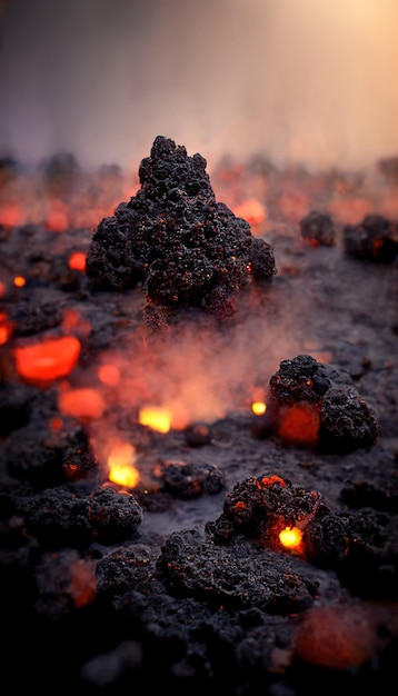 Apocalyptic volcanic landscape with hot flowing lava and smoke and ash clouds 3D illustration