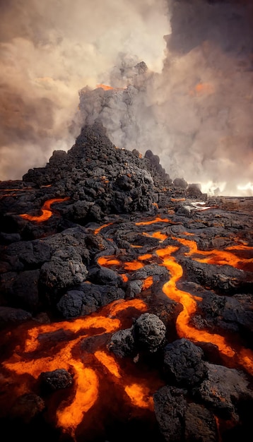 Apocalyptic volcanic landscape with hot flowing lava and smoke and ash clouds 3D illustration