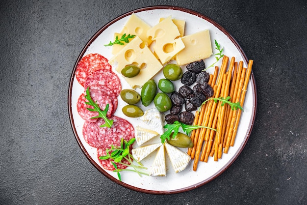 appetizer plate cheese sausage olives bread sticks ready to eat fresh portion dietary healthy